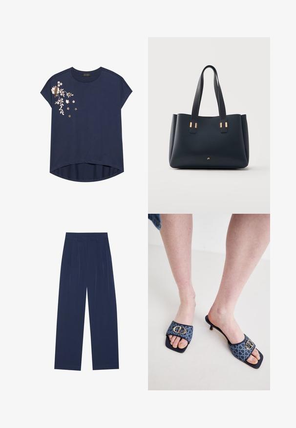 Camiseta de manga corta azul marino con bordado floral en dorado y blanco en el lado izquierdo, con un dobladillo ligeramente redondeado.; Pantalones de pierna ancha en azul marino, fabricados en un tejido suave, que cuentan con pliegues frontales, una textura lisa y un corte recto sin bolsillos visibles.; Mules con una parte superior de tela con un patrón azul que presenta un detalle de hebilla dorada, punta cuadrada y un pequeño tacón de kitten.; Bolso tote de cuero negro con dos asas y detalles metálicos en tono dorado, mostrado sobre un fondo gris claro.