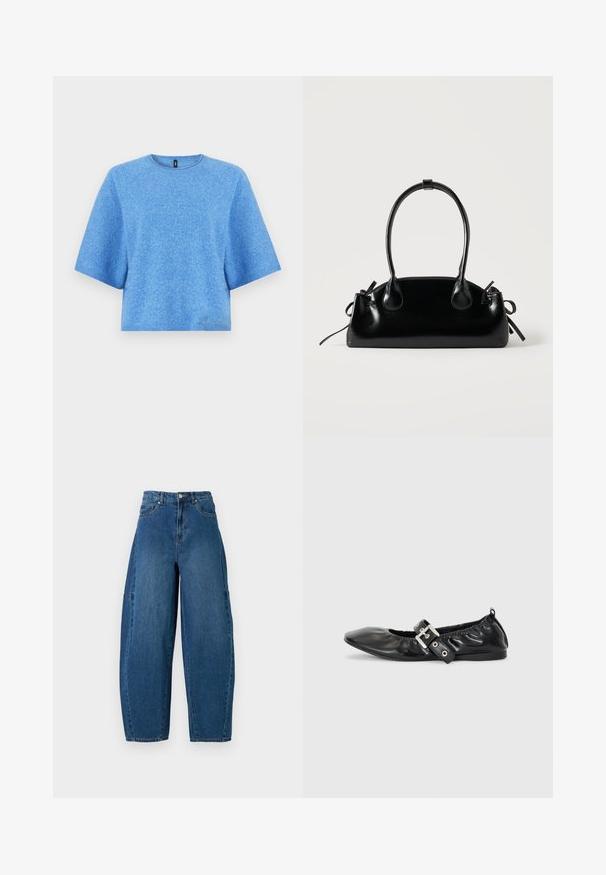 Kort blå sweater lavet af blødt, struktureret stof. Har korte ærmer og rund halsudskæring. Enkel, ensfarvet uden mønstre.; Denimjeans i en mellemblå vask, med højt liv, bred benpasform og standard fem-lomme design med synlige stikninger.; Sorte læder flade sko med spids tå, samling detaljer omkring åbningen, og en sølv spænde accent på den justerbare rem.; Lille sort blank håndtaske med to lange håndtag og snøre-detaljer i siden på en ensfarvet lys baggrund.