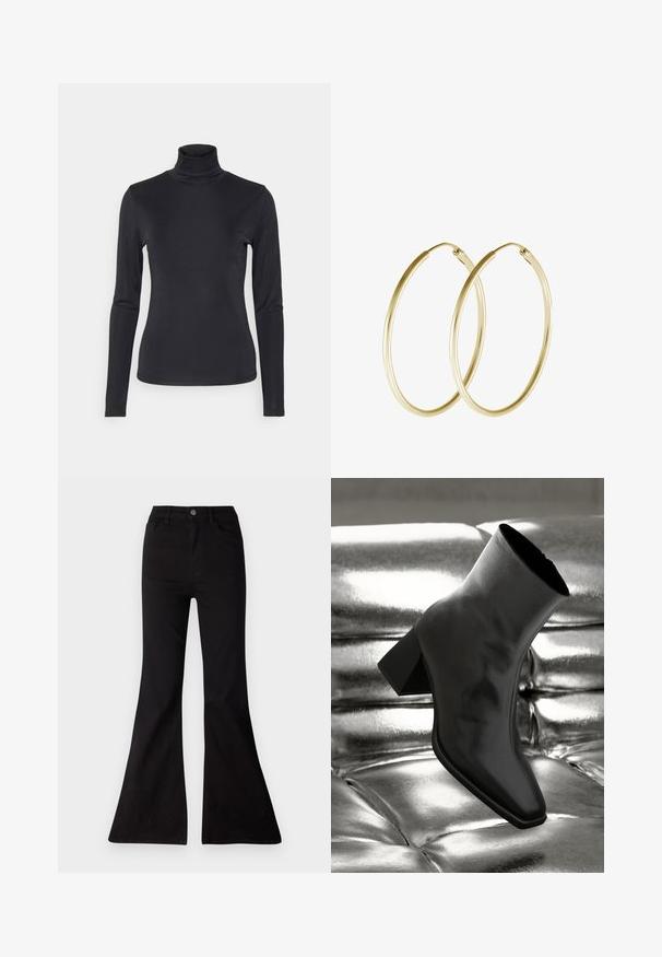Schwarzes Langarm-Turtleneck-Oberteil aus einem glatten, dehnbaren Stoff. Hat ein figurbetontes Design und einen hohen Kragen. Minimalistischer Stil, keine sichtbaren Muster.; Schwarze weite Jeans aus Denim, mit hoher Taille, Fronttaschen und einer großen Öffnung am Hosenbund für eineweite Beinform.; Schwarzer Knöchelstiefel aus glänzendem Material mit quadratischer Zehenform und verjüngtem Absatz, vor einem glänzenden silbernen gepolsterten Hintergrund.; Goldene Creolen mit einem glatten, abgerundeten Design und einem glänzenden Finish. Leichte Bauweise mit einem sicheren Verschluss.