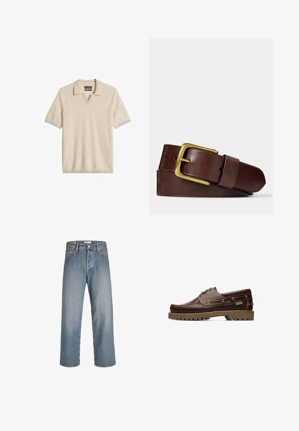 Beige gebreide polo met korte mouwen, een gestructureerd patroon, V-vormige kraag en geribbelde boorden en zoom.; Lichtblauwe denim jeans met een losse pasvorm, hoge taille en rechte pijpen. Bevat voorzakken en een metalen knoopsluiting.; Bruine leren veterschoen voor op een boot met gestikte details en een dikke rubberen zool, gezien vanaf de zijkant.; Bruine leren riem opgerold met een gouden rechthoekige gesp en een leren lus met een reliëf paard en ruiter logo.