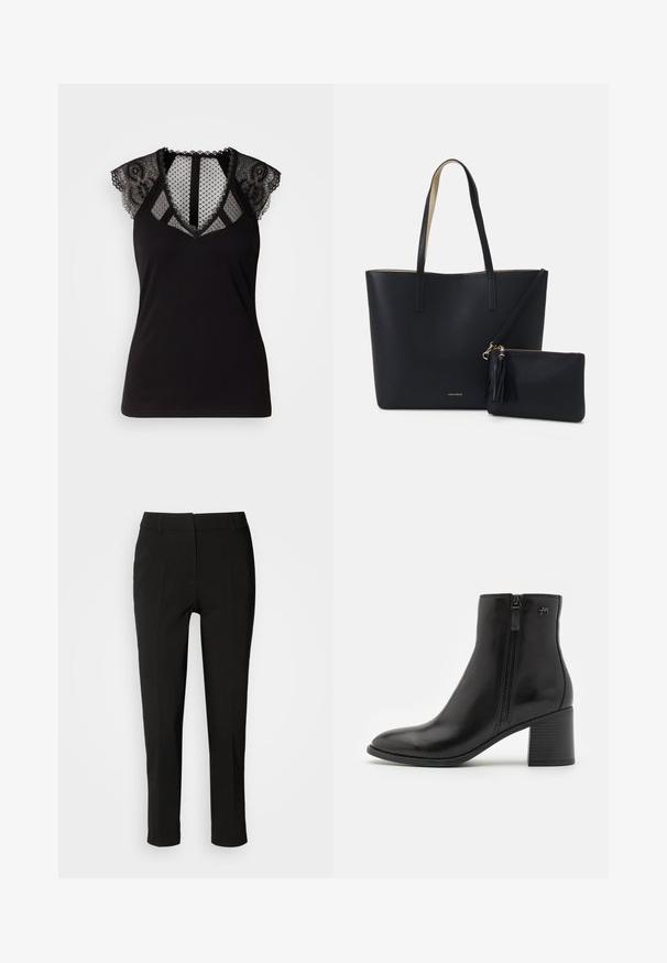 Haut sans manches noir avec des accents en dentelle sur les épaules et un panneau en mesh transparent à pois au niveau du décolleté et du dos.; Pantalons noirs ajustés avec une coupe slim, devant plat et sans poches visibles, offrant une texture lisse et une finition soignée au bas.; Bottines noires en cuir lisse avec une fermeture éclair sur le côté. Présentent un bout pointu et un talon bloc texturé pour plus de stabilité.; Sac fourre-tout noir avec un matériau texturé, deux longues anses et une pochette zippée amovible avec un détail de pompon. Logo de la marque en orvisible.