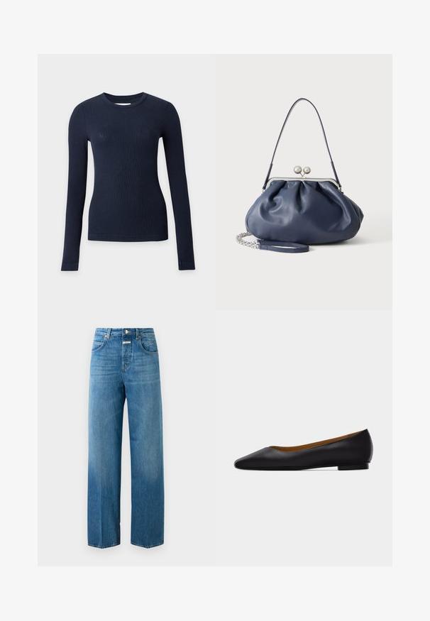 Marineblauer, gerippter, figurbetonter Pullover mit langen Ärmeln und Rundhalsausschnitt auf hellgrauem Hintergrund.; Hochgeschnittene, gerade geschnittene blaue Jeans aus Denim mit vorderen und hinteren Taschen, Knopfverschluss und Gürtelschlaufen auf weißem Hintergrund.; Schwarzer flacher Schuh aus Leder mit spitz zulaufender Vorderkappe, niedrigem Absatz und glatter Oberfläche, von der Seite vor einem hellgrauen Hintergrund dargestellt.; Weiche navyblaue Ledertasche mit silberner Verschlussklammer, einem einzelnen Schulterriemen und abnehmbarem Ketten-Handgelenksriemen auf weißem Hintergrund.