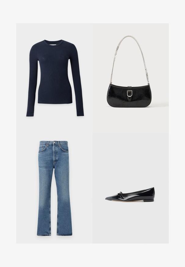 Pull ajusté bleu marine côtelé à manches longues avec col rond sur fond gris clair.; Jean en denim bleu taille haute, fermeture à boutons et fermeture éclair, poches avant et arrière, et jambes légèrement évasées.; Chaussure plate en cuir verni noir avec un bout pointu, une petite lanière décorative et un petit talon carré. Texture lisse et design épuré.; Sac à épaule en cuir verni noir avec détail de boucle argentée et bandoulière en chaîne argentée, présenté sur un fond uni clair.