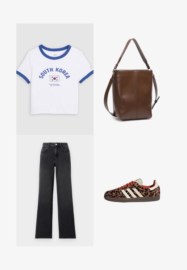 Witte T-shirt met korte mouwen en een blauwe kraag en manchetten, met de tekst "SOUTH KOREA", de Zuid-Koreaanse vlag en het Levi Strauss California logo.; Zwarte wijd uitlopende jeans van denim, met een hoge taille, riemlussen en een klassieke vijf-pocketontwerp met koperen accenten.; Leopardprint sneakers van suède met rode veters en drie witte strepen aan de zijkant. Bevat een crèmekleurige tong en een bruine zool.; Bruine leren schoudertas met een gladde textuur, rechthoekige vorm en verstelbare riem. Voorzien van een strak naadontwerp en subtiele glans.