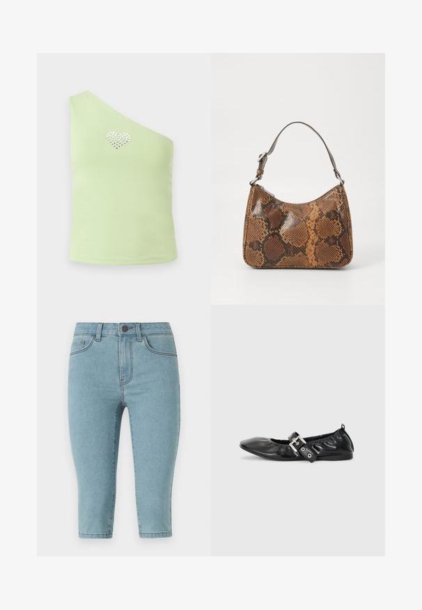 Einträgeroberteil aus hellgrünem Stoff mit glatter Textur. Besitzt ein Herzemblem aus silbernen Strasssteinen im Brustbereich.; Helle blaue Denim-Capri-Hosen mit einer figurnahen Passform, mittlerer Leibhöhe, Fünf-Taschen-Stil und dezenten Stickdetails entlang der Nähte.; Schwarze Leder-Ballerinas mit spitzem Zehenbereich, gerafften Details am Schaft und einem silbernen Schnallenakzent am verstellbaren Riemen.; Kleine Handtasche mit braunem und schwarzem Schlangenledermuster, kurzem verstellbarem Tragegurt und Reißverschluss.