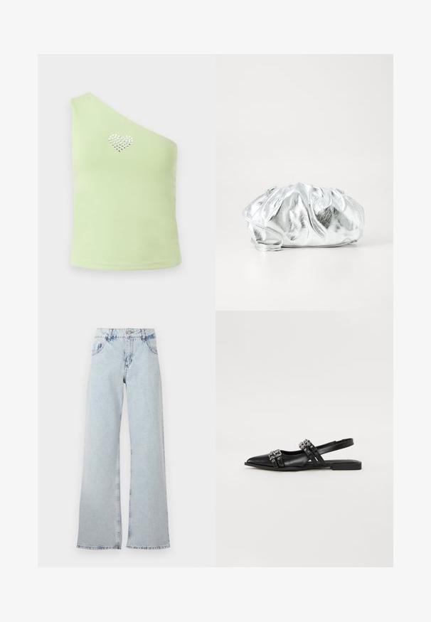 Eén-schoudertop van lichtgroene stof met een gladde textuur. Bevat een hartontwerp gemaakt van zilveren rhinestones op het borstgebied.; Lichtblauwe wijde jeans van denim, met een hoge taille, riemlussen, vijf zakken en vervaagde gebieden voor een vintage uitstraling.; Even&Odd by Zalando Slingback ballerina´s - black; Metalen zilveren clutch tas met een zachte, geplooide body en een dunne schouderriem. Kenmerkt zich door een gladde, glanzende textuur en afgeronde vorm.