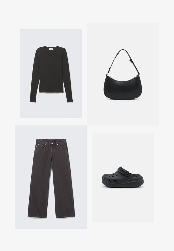 Sort langærmet t-shirt med rund hals og slank pasform, lagt fladt på en lys grå baggrund.; Vidbenede sorte denimjeans med kobbernitter, fem lommer og knaplukning. Blød, robust tekstur med lige snit fra talje til kant.; Sorte gummiklipper med ventilationshuller, hævet hæl og justerbar rem. Glat tekstur og rund form.; Pieces PCALUANA SHOULDER BAG - Håndtasker - black