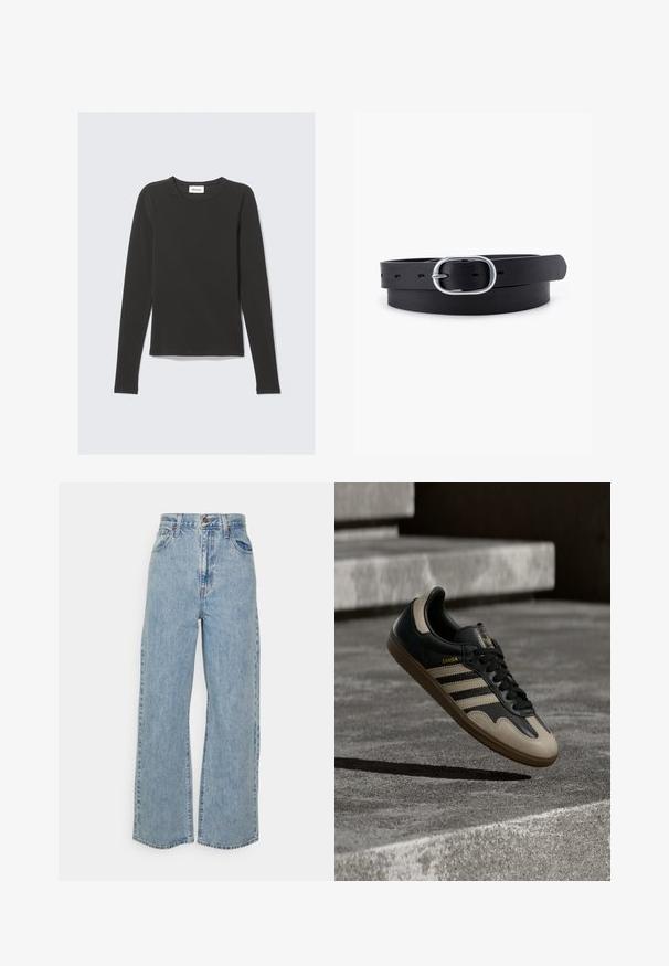 Zwart T-shirt met lange mouwen en ronde hals, slim fit, plat gelegd op een lichtgrijze achtergrond.; Lichtblauwe wijde denim jeans met hoge taille, sluiting met voorknop en rits, en vijfzakkenontwerp op een effen achtergrond.; Zwarte en beige leren sneaker met drie witte strepen, een beige rubberen zool en gouden "Samba"-details aan de zijkant.; Zwarte leren riem met een gladde textuur, ovaal zilveren metalen gespsluiting en meerdere verstelgaten langs de band. Platte, minimalistische uitstraling.