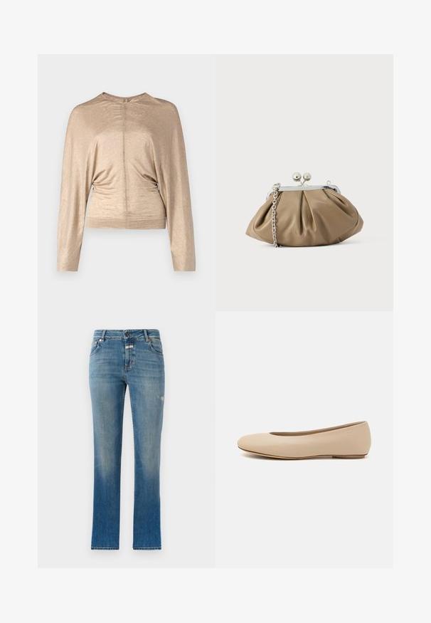 Beige langærmet top lavet af letvægtigt stof, der har rund hals, lynlås lukning i ryggen og foldedetaljer ved taljen.; Lysblå lige ben jeans lavet af denim. Har en mid-rise talje, frontlommer og let slitage på stoffet.; Beige læder balletflade med afrundet tå, minimal sømdetaljering, lav hæl og subtilt logo på bagsiden. Glat, mat tekstur.; Læderclutch i blød beige med afrundet form, plisseret tekstur, sølvfarvet kiss-lock lukning og aftagelig kæderem.