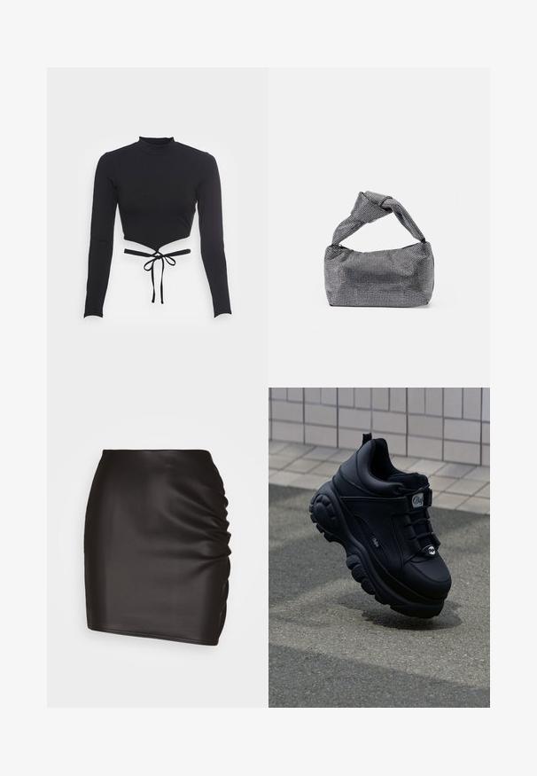 Even&Odd Top s dlhým rukávom - black; Čierna mini sukňa vyrobená z hladkého syntetického materiálu, s nariasením na jednej strane a priliehavým strihom.; Čierne robustné tenisky s hladkým koženým povrchom, viazaním vpredu, pohodlnou podrážkou a embosovaným logom na boku. Viditeľná textúrovaná podrážka.; Čierna a strieborná kabelka s textúrovaným povrchom so vzorom diamantov, s uzlovou rukoväťou a štruktúrovaným tvarom.