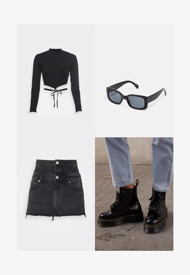 Even&Odd by Zalando Longsleeve - black; ONLY ONLMILLION SKIRT - Jeansrok - dark grey denim; Persoon draagt lichtblauwe spijkerbroek en zwarte leren veterplatformlaarzen met gele stiksels op een betonnen vloer.; Zwarte rechthoekige zonnebril met donkere getinte lenzen, een dik plastic montuur en brede scharnieren. Glad oppervlak en hoekig ontwerp.