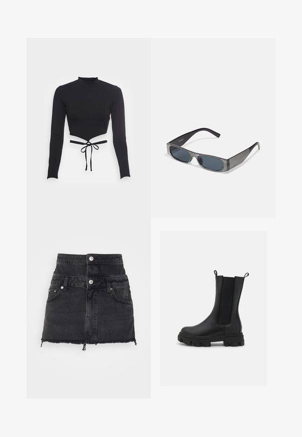 Even&Odd by Zalando Langærmet T-shirt - black; ONLY ONLMILLION SKIRT - Denimnederdele - dark grey denim; Sort Chelsea-støvle lavet af læder og elastisk stof, med en kraftig gummisål med fremtrædende mønster og trækflapper for nem påtagning.; Sorte solbriller med grå linser, der har et gittermønster af små metalliske rhinsten langs stellet. Glat overflade, kantede design.