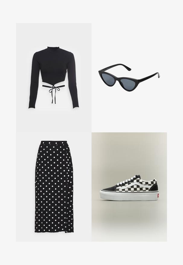 Even&Odd by Zalando T-shirt à manches longues - black; Jupe noire à pois blancs, faite en tissu doux. Elle présente une coupe droite et une fente en bas pour plus de liberté de mouvement.; Baskets basses classiques à motif damier noir et blanc avec lacets blancs et semelle épaisse blanche sur fond neutre.; Lunettes de soleil noires en forme d'œil de chat avec des verres gris foncé, monture en plastique élégante, coins pointus et branches droites. Pas de métal visible ni d'accents.