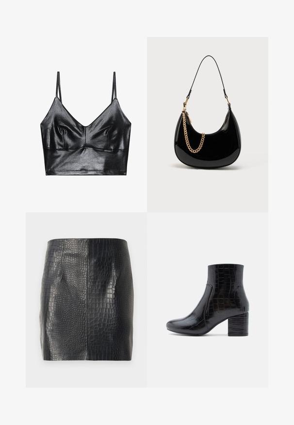 Zwarte, glanzende bralette met dunne verstelbare bandjes, met een V-halslijn, een gladde textuur en subtiele plooitjes bij de buste voor vorm.; Zwarte mini-jurk met glanzende krokodillenstructuur en paneelontwerp, rechte snit, gemaakt van nepleder.; Zwarte enkellaars gemaakt van glanzend krokodillenprintleer. Voorzien van een ronde neus en een dikke blokhak. Gladde textuur en slank ontwerp.; Zwarte handtas van lakleer met een gebogen vorm, dunne schouderriem en een gouden kettingdetail aan de voorkant. Gladde textuur, minimalistisch ontwerp.