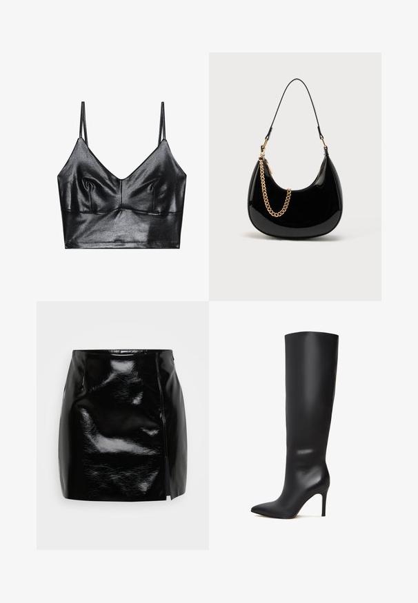 Schwarzer, glänzender Bralette mit dünnen verstellbaren Trägern, V-Ausschnitt, glatter Textur und dezentem Gather an der Brust für eine schöne Form.; Schwarzer Minirock aus glänzendem Material. Verfügt über einen seitlichen Reißverschluss und einen Schlitz auf der rechten Seite für zusätzlichen Detail- und Designanspruch. Glatte Textur.; Schwarze kniehohe Stöckelschuhstiefel aus Leder mit spitzer Zehenform und glänzender, glatter Oberfläche. Verfügt über einen hohen, schlanken Absatz für eine verlängerte Silhouette.; Schwarze Handtasche aus Lackleder mit geschwungener Form, dünnem Schulterriemen und einer goldenen Kettenakzent auf der Vorderseite. Glatte Textur, minimalistisches Design.