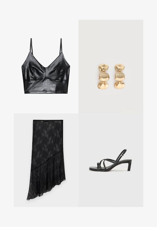 Bralette noire et brillante avec des fines bretelles réglables, présentant un décolleté en V, une texture lisse et un léger plissé au niveau de la poitrine pour la forme.; Jupe asymétrique en dentelle noire transparente avec motif floral et ourlet diagonal superposé, présentée sur un fond clair uni.; Sandale noire à lanières avec un bout carré et un petit talon bloc. Elle présente plusieurs fines lanières et une sangle de cheville ajustable. Fabriquée en cuir lisse.; Boucles d’oreilles pendantes ton or avec trois segments irréguliers, lisses et arrondis empilés verticalement sur un fond clair uni.