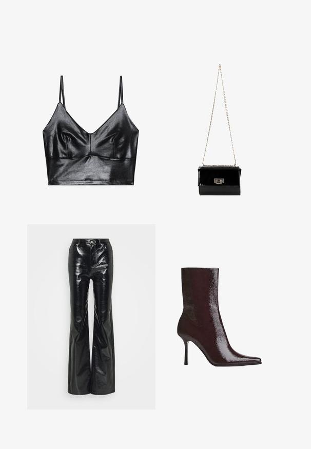 Bralette noire et brillante avec des fines bretelles réglables, présentant un décolleté en V, une texture lisse et un léger plissé au niveau de la poitrine pour la forme.; Pantalons évasés en simili cuir noir avec une finition brillante, dotés d'une taille haute, de poches avant et de détails en métal argenté.; Bottine bordeaux avec une finition brillante, bout pointu et fin talon haut. Son design épuré met en valeur une texture lisse et une silhouette élancée.; Sac à main en cuir verni noir avec une bandoulière en chaîne dorée, de forme rectangulaire, doté d'une fermeture à rabat à l'avant et d'un accent de logo métallique.
