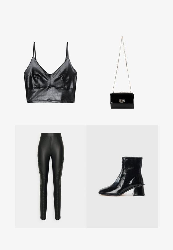 Čierny, lesklý bralet s tenkými nastaviteľnými ramienkami, s V-výstrihom, hladkou textúrou a jemným zberom na hrudi pre lepší tvar.; ONLY Tall ONLCOOL BIKER - Legíny – nohavice - black; Čierne členkové topánky vyrobené z lesklej kože, so špicatou špičkou a jedinečným blokovým podpätkom s okrúhlym ozdobným detailom.; Čierna lakovaná kožená kabelka so zlatým reťazovým ramienkom, obdĺžnikového tvaru, s prednou klapkou a kovovým logom.