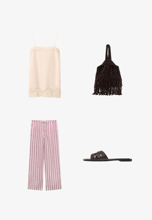 Beige satin camisole med blondekant, tynde justerbare skulderstropper, blomsterblonde detalje ved halsudskæring og kant.; Lyserøde stribede bredbenede bukser med sorte og grå lodrette striber. Fremstillet af letvægtsstof og med en elastisk talje for komfort.; Flad mørkebrun sandel med tre brede krydsende læderremme og en tynd sål.; Lille mørkebrunt håndtaske dækket af tætte perlestrenge med et løkkehåndtag og et frynset, tekstureret design.