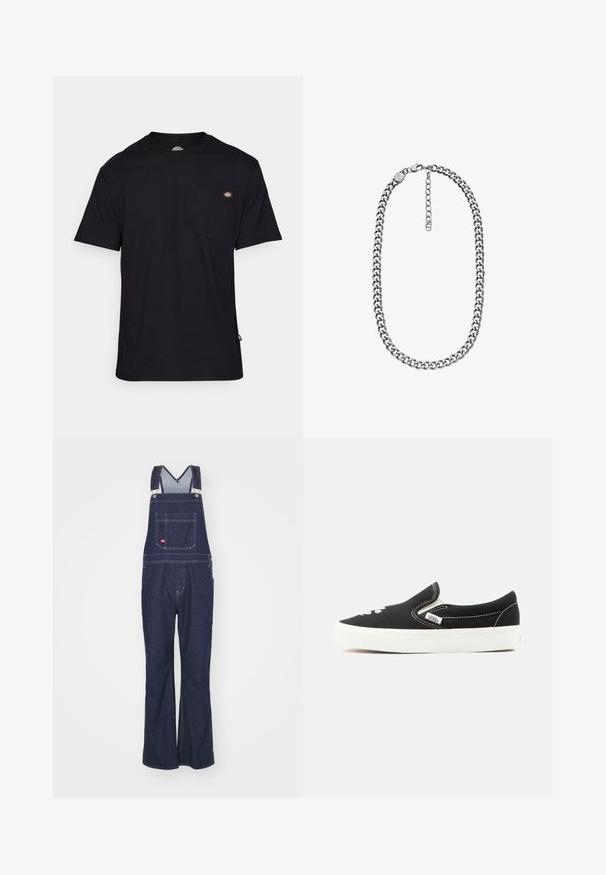 Must järgne must puuvillane T-särk klassikalise ümmarguse kaelusega, lühikeste varrukatega, ees rinna taskuga ja tasku õmbluse lähedal logo kvaliteedimärk. Pehme tekstuur.; Dickies CLASSIC - Sirgete säärtega teksad - rinsed; Mustad Vansi libisemiskindel tennisking valge kummist tallaga, valge õmblusega ja elastsete küljejelementidega, vaadates väljastpoolt.; Hõbedase tooniga curb-kett kaelakee, millel on homaari lukk ja reguleeritav pikendusketi valge taustal.