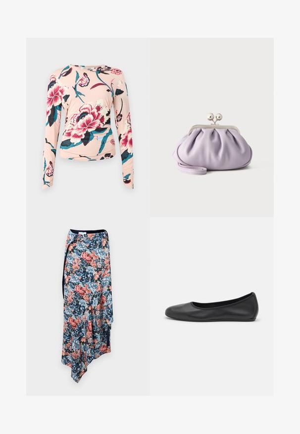 Diane von Furstenberg LONG SLEEVE SHIRT - Longsleeve - light pink; Rabanne Kokerrok - english tapestry/pink/blue/green; Zwarte leren ballerina met een ronde neus, gladde textuur, minimale stikdetails en een flexibele zoolontwerp.; Zachte lavendelkleurige clutch met geplooide stof, zilveren kiss-lock sluiting en bijpassend polsbandje op een effen lichte achtergrond.