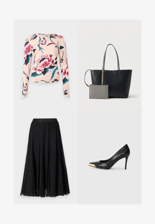Diane von Furstenberg LONG SLEEVE SHIRT - Langærmet T-shirt - light pink; Sort maxi-skirt med et struktureret, flydende design. Har en bred, glitrende talje og et lagdelt, gennemsigtigt stof for en yndefuld fremtoning.; Sort læder stiletter med spids tå; har et metalisk guldakcent på tåkapperne. Glat overflade med et strømlinet design.; Sort tote-taske med mønstret grå håndtag og vedhæftet mønstret grå pung med gentagende DKNY-logo og guldfarvet initialvedhæng.