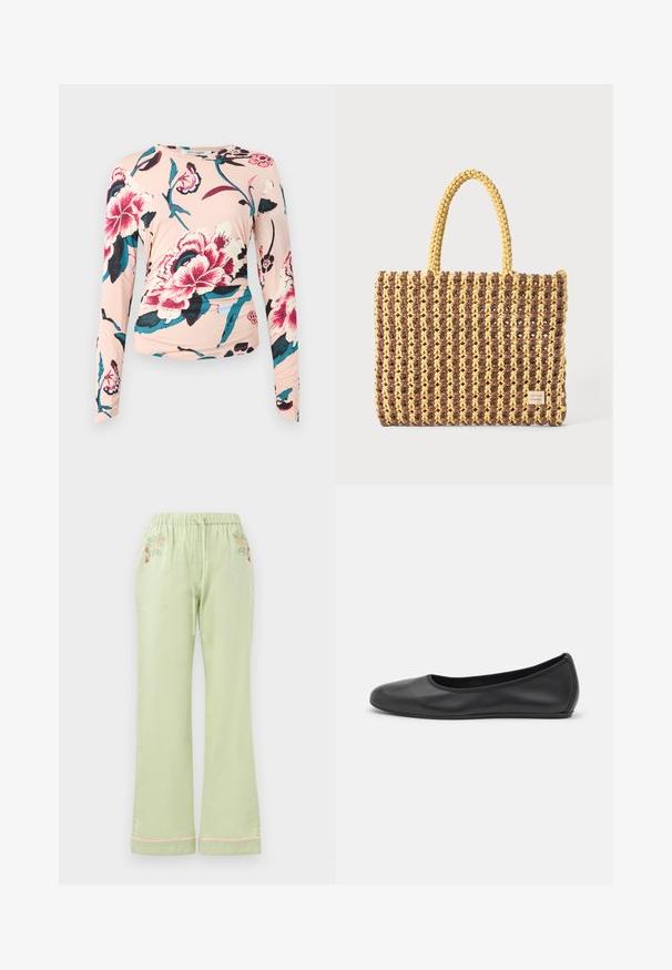 Diane von Furstenberg LONG SLEEVE SHIRT - Longsleeve - light pink; Lichtgroene, loszittende broek met een elastische tailleband en trekkoord. Bevat bloemenborduursels aan de voorkant en een roze zoomdetail.; Zwarte leren ballerina met een ronde neus, gladde textuur, minimale stikdetails en een flexibele zoolontwerp.; Geweven tas in bruin en geel, met een rechthoekige vorm, twee handvatten en een textuurafwerking met zichtbare stiksels en een merketiket.