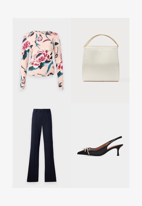 Diane von Furstenberg LONG SLEEVE SHIRT - Langarmshirt - light pink; Navyblaue, ausgestellte Hosen aus einem glatten Stoff. Mit flachem Bund, Gürtelschlaufen und gebügelten Falten. Keine sichtbaren Muster oder Akzente.; Schwarzer Slingback-Kitten-Heel aus Leder mit spitzer Zehenpartie und beigem Schleifendetail auf weißem Hintergrund.; Strukturierte Handtasche mit Satin-Finish in Cremefarbe, mit einer Ketten-Schulterriemen. Verfügt über eine flache, glatte Textur und saubere Nähte.