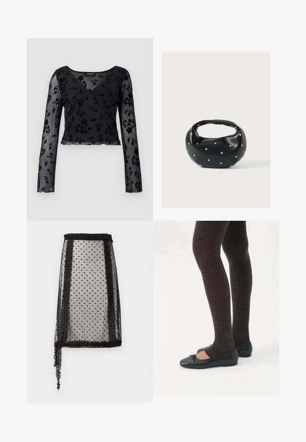 Haut à manches longues noir en tissu transparent avec un motif floral, décolleté en V et ourlet festonné. Détail de design croisé à l'avant.; Jupe noire transparente avec motif à pois, bordure à volants et design asymétrique avec un côté plus long, fabriquée en tissu léger.; Jambes portant des leggings côtelés foncés associés à des ballerines noires avec de petits détails en nœud sur fond blanc.; Sac à main en cuir noir de forme arrondie, décoré de clous argentés et équipé d'une poignée courte. Texture lisse et fermeture éclair.