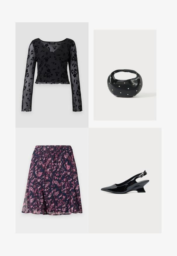 Haut à manches longues noir en tissu transparent avec un motif floral, décolleté en V et ourlet festonné. Détail de design croisé à l'avant.; Jupe marine avec taille élastique, ornée d'un motif floral abstrait rose et violet et d'un ourlet légèrement évasé.; Chaussure slingback en cuir verni noir avec bout pointu et petit talon bloc incliné sur fond clair uni.; Sac à main en cuir noir de forme arrondie, décoré de clous argentés et équipé d'une poignée courte. Texture lisse et fermeture éclair.