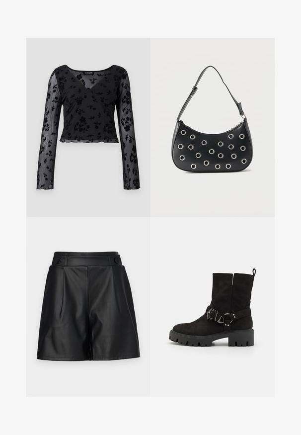 Haut à manches longues noir en tissu transparent avec un motif floral, décolleté en V et ourlet festonné. Détail de design croisé à l'avant.; Shorts en simili cuir noir avec un devant plissé, des jambes larges et des détails en boutons sur la taille. Texture lisse, design soigné.; Bottines en suède noir avec une semelle épaisse, dotées d'une sangle à boucle réglable et d'accents métalliques décoratifs.; Sac d'épaule en cuir noir avec bandoulière réglable, orné d'œillets en métal argenté et fermeture éclair supérieure.