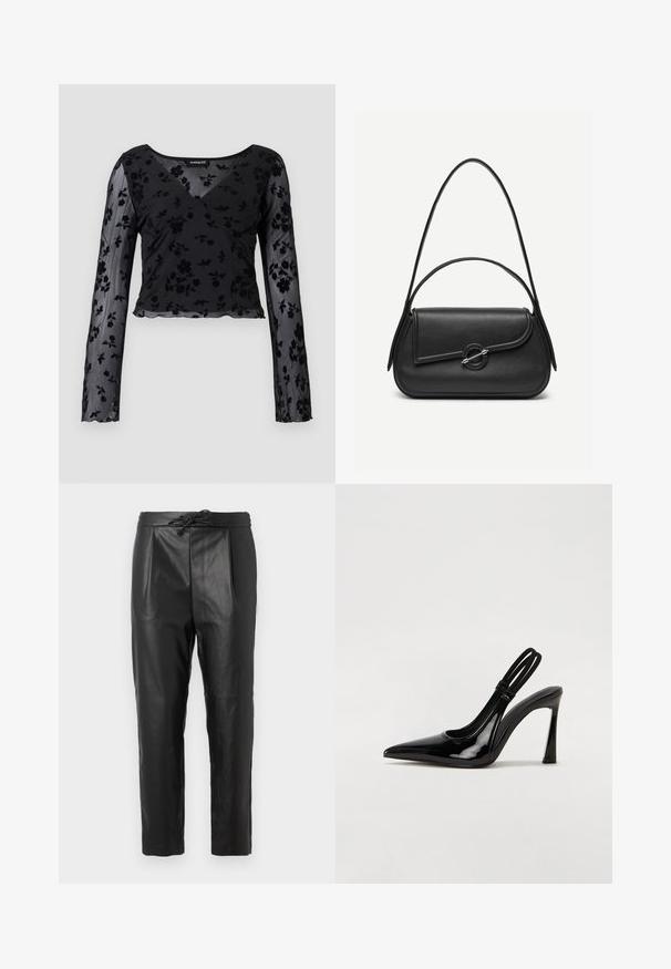 Čierny dlhý rukáv top vyrobený z priesvitnej látky s kvetinovým vzorom, s výstrihom do V a s volánovým lemom. Detail prekríženia na prednej strane.; Čierne kožené nohavice s voľným strihom, vybavené remienkom na stiahnutie v páse, prekladom vpredu a hladkou textúrou.; Čierne lakované kožené slingback lodičky s špicatou špičkou, štíhlým vysokým podpätkom a dvojitým elastickým pásom pre bezpečné uchytenie. Hladký, lesklý povrch.; Čierna kožená kabelka s zaoblenými hranami, asymetrickým klopou, kovovou okrúhlou zapínacou sponou a krátkymi aj dlhými ramennými popruhmi.