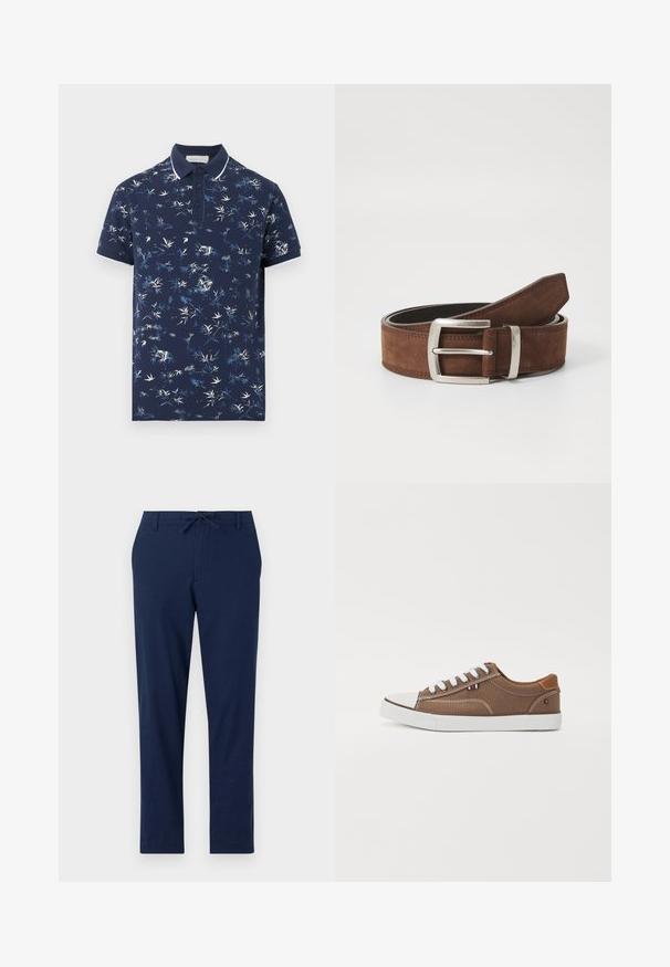 Marineblaues Polohemd mit kurzen Ärmeln, weißem und hellblauem abstraktem Blättermuster, Dreiknopfverschluss und weißer Einfassung am Kragen und an den Ärmeln.; Marineblaue Hosen aus leichtem Material mit einem Kordelzugbund und schmal zulaufenden Beinen, ausgestattet mit Vorder- und Gesäßtaschen.; Braune Canvas-Sneaker mit weißen Schnürsenkeln, Gummispitze und kontrastierenden hellbraunen Akzenten an der Ferse, die ein kleines dreifarbige Emblem aufweisen.; Brauner Wildledergürtel mit einer silbernen Metallschnalle und linienförmigem Stitching-Detail. Der Gürtel ist flach und hat eine klassische Breite und Form.