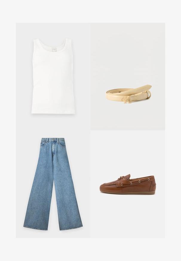 Hvid ribstrikket ærmeløs tanktop med rund halsudskæring og Calvin Klein-mærke ved den bageste krave.; Good American PANELED WIDE LEG - Wide leg - indigo; Brune læder bådsko med snøredetalje, metaløjer, en struktureret overflade og en fleksibel tan gummisål. Rund tådesign.; Beige læderbælte snoet med spænde i guldfarvet metal med "cK"-logo og præget "Calvin Klein" nær den spidse ende.