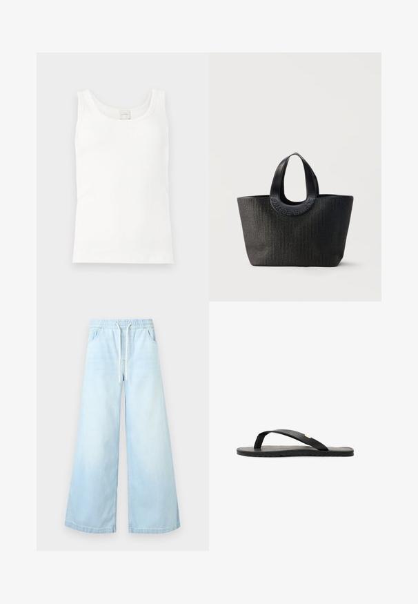 Hvid ribstrikket ærmeløs tanktop med rund halsudskæring og Calvin Klein-mærke ved den bageste krave.; Lyseblå vidde jeansbukser med elastisk talje og hvid snor, med forlommer og en afslappet pasform.; Sort flip-flop sandal med flad sål, tekstureret sort indersål, glatte stropper og en lille gul accent nær tåposten.; Sort tekstureret totetaske med brede rundede håndtag med præget brandnavn "Samsøe Samsøe" på neutral baggrund.