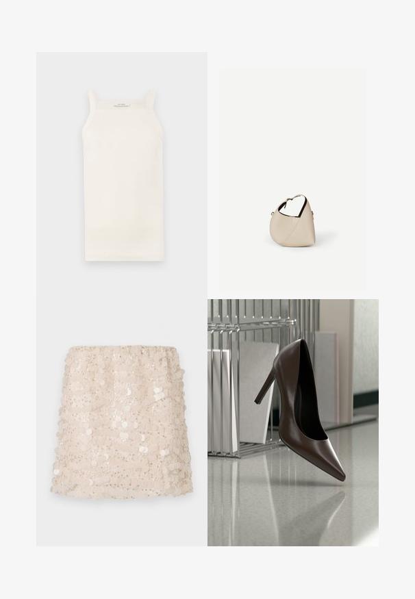 Cremefarvet ribbet tanktop med tynde stropper, tætsiddende design og lige kant. Etiketten siger "IVY OAK." Materialet ser blødt og strækbart ud.; Beige paillet mini nederdel med lagdelt design, der har cirkulære pailletter og en blød elastisk talje for komfort og pasform.; Mørkebrunt læderhæl med høj hæl, der svæver over en reflekterende gulvplade nær en metalhylde med hvide paneler i et rum.; Beige læder håndtaske i halvmåneform med en enkelt skulderrem og minimal syning, sat mod en ensartet hvid baggrund.