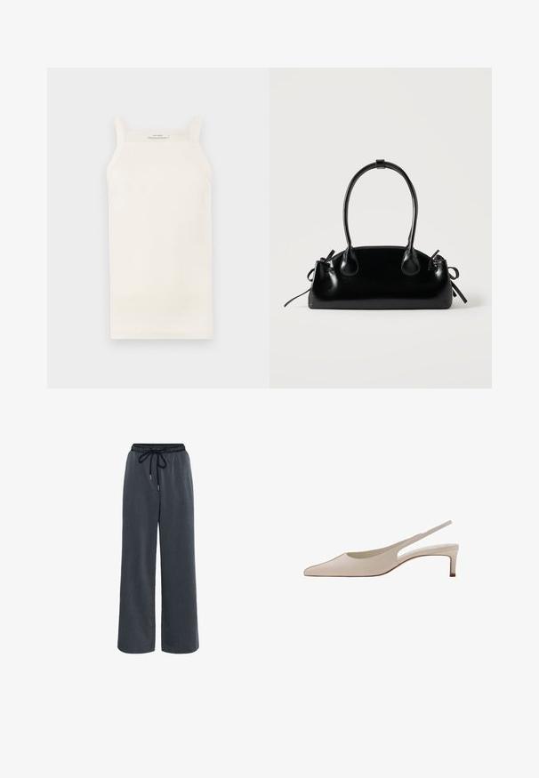 Débardeur crème à côtes, avec des bretelles fines, une coupe ajustée et un ourlet droit. L'étiquette indique "IVY OAK". Le tissu semble doux et extensible.; Kaffe KANEVIL - Pantalon classique - dark grey melange; Chaussure slingback en cuir beige avec bout pointu et petit talon bloc, vue de côté sur fond blanc.; Petit sac à main noir brillant avec deux longues anses et des détails à cordon sur les côtés sur un fond clair uni.