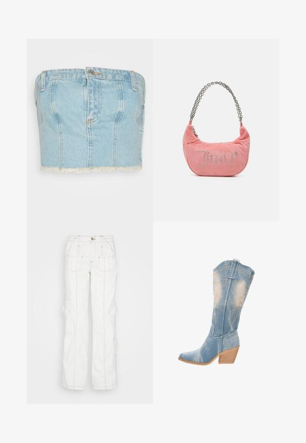 The Ragged Priest JESSICA CORSET - Top - blue; BDG Urban Outfitters Relaxed fit jeans - white; Leren cowboylaarzen in lichtblauw met een spitse neus, textuur op de bovenkant en decoratieve gouden stiksels. Licht gebogen houten hak.; Juicy Couture KIMBERLY SMALL SET - Handtas - pink