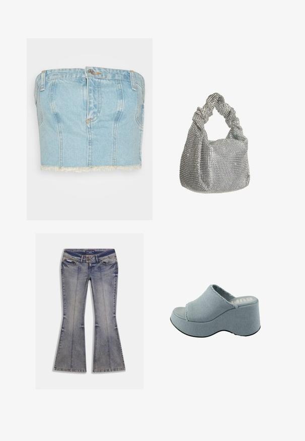 The Ragged Priest JESSICA CORSET - Top - blue; Schlagjeans aus hellblauem Denim mit ausgewaschenen Flecken, Taschen vorne und kontrastierenden Nähten. Mit Reißverschluss und gebrandetem Bund.; Helleblaue Plattform-Sandale mit ausgefranstem Obermaterial, offenem Zehendesign, dicker, gerundeter Sohle und strukturiertem grauem Laufsohlen.; Hey Kyla Handtasche - silber