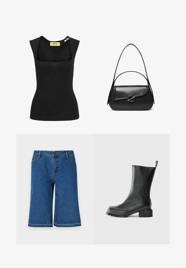 Sort tætsiddende ærmeløs top med brede stropper og firkantet halsudskæring, størrelse small, med en gul JJXX-etiket inde i kraven.; Blå denimshorts med lige snit, som har en talje, fem lommer og diskrete syninger langs sømmene.; Sort læder ankelstøvle med blokhæl, glat tekstur, rund tå og en hælflap med gul branding.; Sort skuldertaske i læder med en buet klap, der er fastgjort med en rund metal spænde, og en slank, justerbar rem.