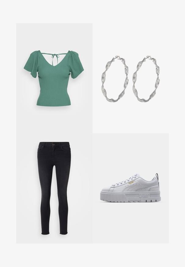 ONLY ONLLEELO BACK - T-shirts print - bottle green; Sorte skinny jeans i denim-materiale med en mellemhøj talje, frontlommer og en rå kant ved anklerne. Klassisk fem-lomme design.; Hvide platform sneakers med en glat læderoverdel, polstret krave, grå gummisål og gyldne detaljer med Puma-logoet.; Sølv hoop øreringe med et snoet design, der har en tekstureret overflade og en sikker lås. Letvægts og reflekterende med en glat finish.