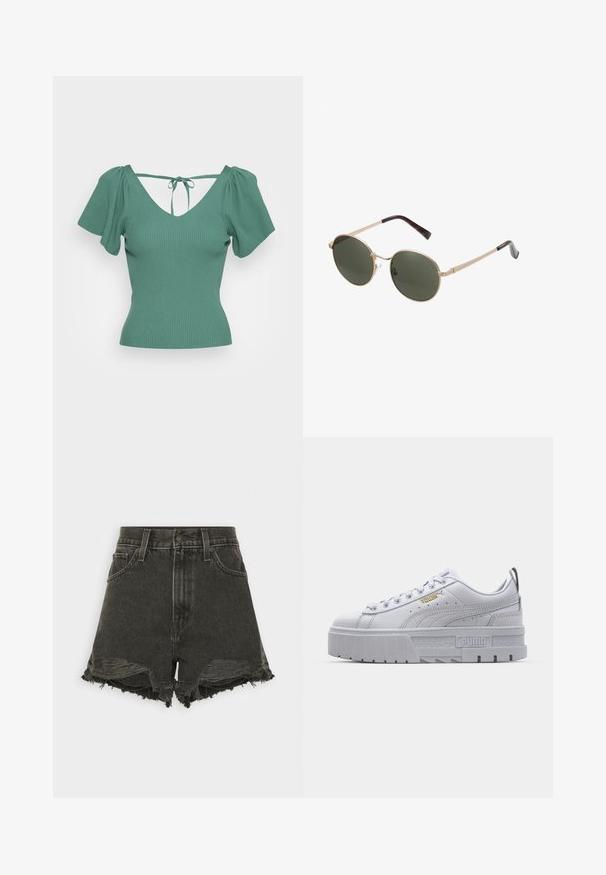 ONLY ONLLEELO BACK - T-shirt imprimé - bottle green; Shorts en denim noir avec des ourlets effilochés, taille haute, cinq poches et une fermeture à boutons. La texture abîmée ajoute de l'intérêt visuel.; Baskets plateformes blanches avec une tige en cuir lisse, un col rembourré, une semelle en caoutchouc grise et des accents dorés arborant le logo Puma.; Lunettes de soleil rondes avec des montures en métal doré et des verres vert foncé. Les branches présentent un design écaille de tortue pour un détail supplémentaire.
