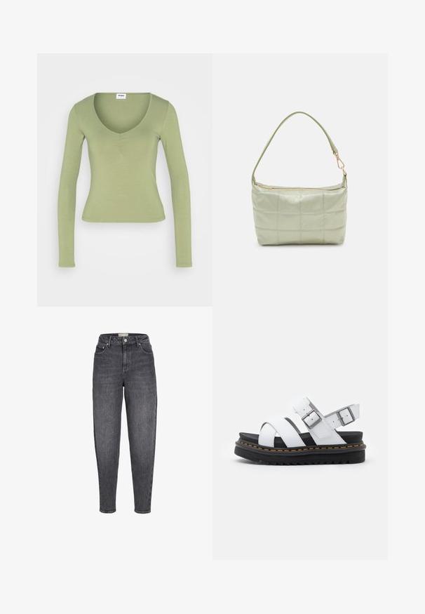 Cotton On LOLA ROUCHED FRONT LONG SLEEVE TOP - Pikkade varrukatega topp - cool khaki; Kõrge vöökohaga mustad pleegitatud kitsenevad teksapüksid esitaskutega, vööaasade ja nööpkinnitusega.; Valged nahast sandaalid, millel on reguleeritavad pandlad, must kihiline platvormpõhi ja oranž tikand äärtes.; Pehmea tekstuuriga vooderdatud roheline õlavöökott, ristkülikukujuline, ühe rihmaga ja kuldse tõmblukuga. Omab tikandmustrit.