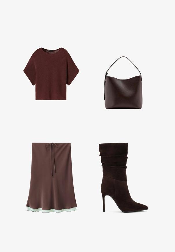 Pull marron tricoté à manches courtes avec un col rond et une coupe ample, posé à plat sur un fond blanc.; Jupe trapèze marron avec ourlet bleu clair à volants et fine ceinture nouée à la taille, présentée sur fond blanc.; Bottine en suède brun avec un haut drapé, un bout pointu et un talon aiguille haut. Elle présente une surface texturée et une silhouette lisse.; Sac à main en cuir brun foncé avec une seule poignée supérieure incurvée et une surface lisse et dépourvue d'ornements sur fond blanc.