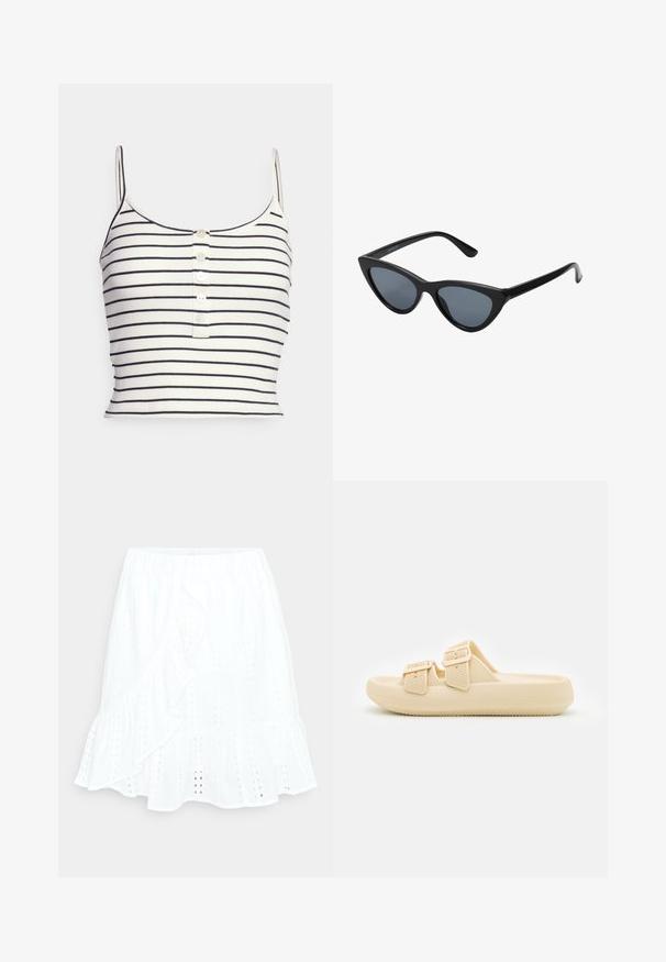Top crop blanco acanalado con rayas horizontales azul marino, que cuenta con tirantes ajustables y una tapeta de cinco botones en la parte frontal.; ONLY Petite ONLDONNA SHORT SKIRT - Minifalda - offwhite; Sandalia beige tipo slip-on con parte superior texturizada, correas ajustables con hebilla y una suela gruesa y acolchada. Diseño liviano adecuado para uso casual.; Gafas de sol negras en forma de ojo de gato con lentes gris oscuro, marco de plástico elegante, esquinas puntiagudas y patillas rectas. Sin herrajes ni acentos visibles.