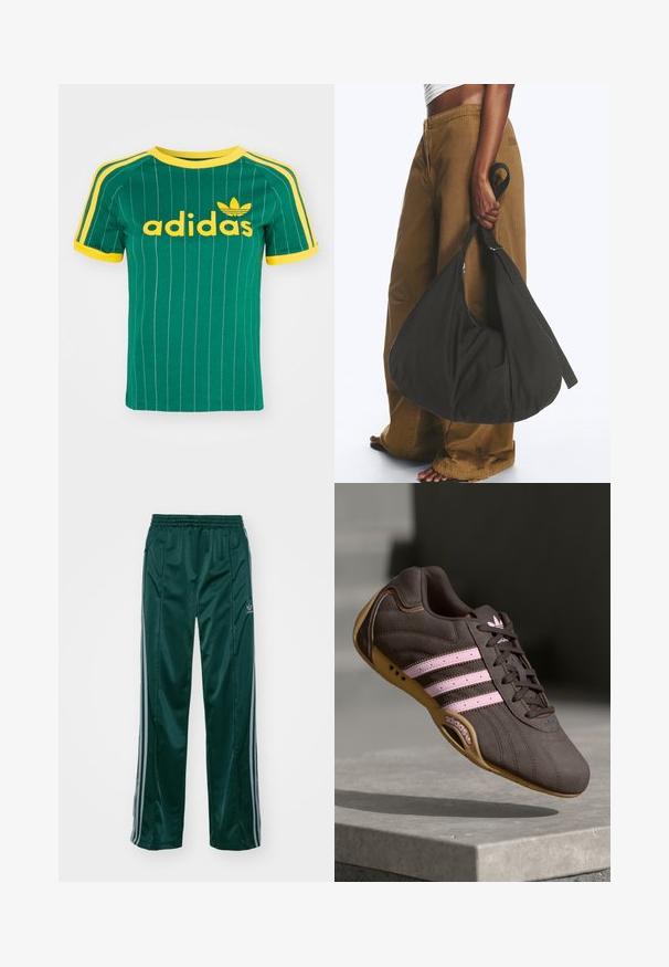Grøn bomulds T-shirt med lodrette hvide striber, gule accenter og "adidas" logo i gul skrift. Kortærmet og rund hals design.; Mørkegrønne træningsbukser lavet af skinnende materiale, med sidelister i lys grå og et broderet logo på venstre ben.; Brune ruskind atletik sko med pink striber og logo, med en tekstureret overdel, snørebåndslukning og en gummirubbersål.; Person iført brune vidde bukser og hvid top holder en stor sort blød håndtaske i remmen ved siden.