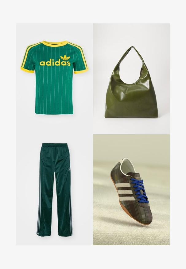 Vihreä puuvillapaita, jossa on pystysuorat valkoiset raidat, keltaisia yksityiskohtia ja "adidas"-logo keltaisella fontilla. Lyhyt hiha ja pyöreä pääntie.; Tummanvihreät urheiluhousut, jotka on valmistettu kiiltävästä materiaalista. Housuissa on vaaleanharmaat sivuviivat ja embroidered logo vasemmassa jalassa.; Ruskeat ruudulliset urheilukengät, joissa on siniset nauhat, kolme valkoista raitaa ja sileä pinta, varustettuna vaaleanruskealla kumipohjalla.; Vihreä nahkainen hobo-laukku, jossa on löysä muotoilu, kaareva kahva ja sileä pinta. Ei sisällä näkyvää metalliosia tai yksityiskohtia.