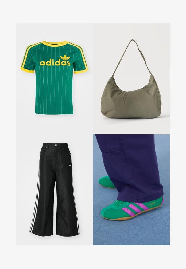 Camiseta de algodón verde con rayas blancas verticales, detalles amarillos y el logo de "adidas" en fuente amarilla. Diseño de manga corta y cuello redondo.; Pantalones de denim anchos y negros con tres franjas blancas en cada lado y un pequeño logo blanco. Cuenta con bolsillos frontales y un cierre de botón.; Zapatillas deportivas de ante verdes y moradas con tres franjas de acento y suela de goma, combinadas con pantalones morados, sobre una superficie azul suave.; Bolso de hombro de tela suave color verde oliva con cierre de cremallera y correa ajustable sobre un fondo liso y claro.