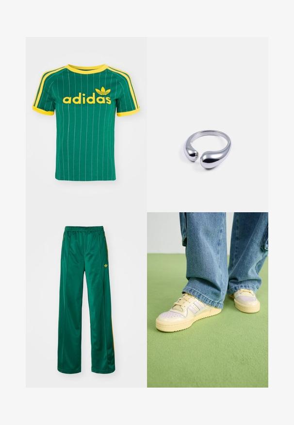 Zelené bavlnené tričko s vertikálnymi bielymi pruhmi, žltými akcentmi a logom "adidas" v žltom písme. Krátke rukávy a okrúhly výstrih.; Zelené saténové športové nohavice s voľným strihom, s žltými pruhmi a vyšitým logom na ľavej strane. Elastický pás.; Tenisky s krémovým zvrškom a štruktúrovanou gumovou podrážkou, s dierkovanými detailmi a vrstvenými akcentmi v svetlomodrej a béžovej farbe.; Strieborný kovový prsteň s hladkým, lesklým povrchom; má dve vypuklé konce, ktoré vytvárajú otvorený dizajn. Okrúhla vnútorná časť.