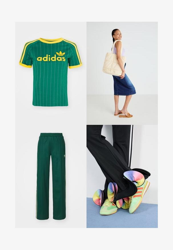 Vihreä puuvillapaita, jossa on pystysuorat valkoiset raidat, keltaisia yksityiskohtia ja "adidas"-logo keltaisella fontilla. Lyhyt hiha ja pyöreä pääntie.; Tummanvihreät urheiluhousut rentoa istuvuutta, joissa on nauhakuulu vyötärö, sivutaskut ja kermaiset raidat sivuilla.; Vihreät tennarit, joissa on oranssit raidat ja tekstuuriset yksityiskohdat, yhdistetty mustiin housuihin, joissa on moniväriset röyhelöhelmukset, asetettuna vaaleansiniselle lattialle.; Beige laukku, joka on tikattu, paksuilla kahvoilla, tilavalla muotoilulla ja pehmeällä pinnalla, jota pitää henkilö, jolla on päällään vaalea violetti paita ja siniset farkkuhame.